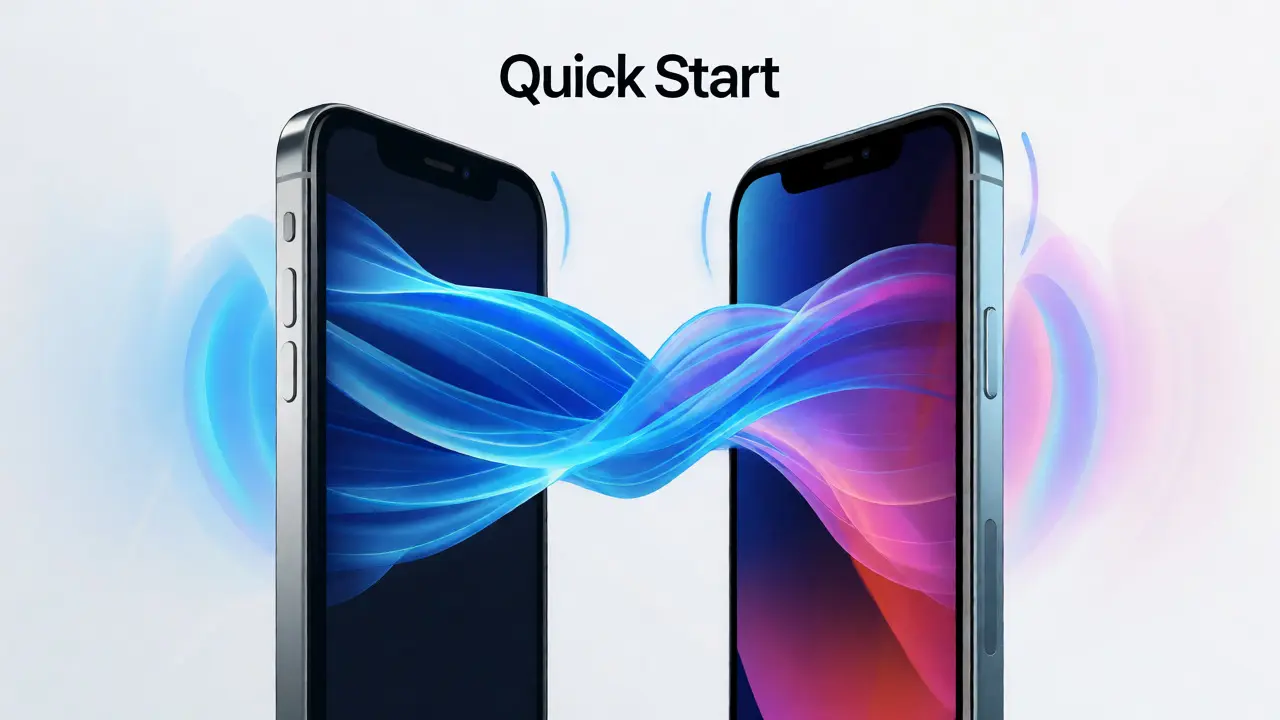 Two iPhones connecting via Quick Start with a blue data transfer effect