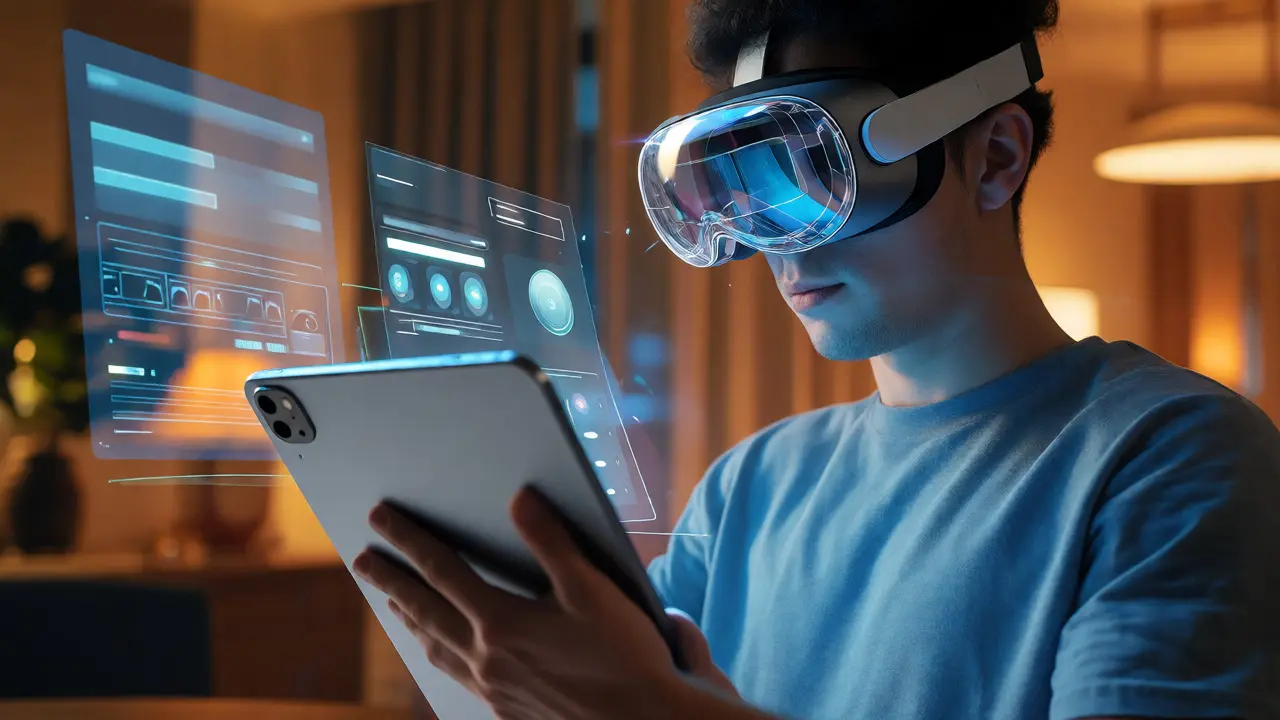 User holding an iPad with holographic AR interfaces floating around it.