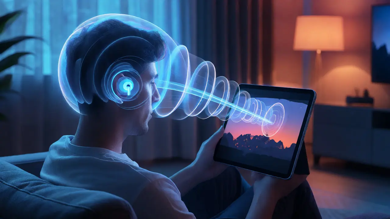 User wearing AirPods with visualized spatial audio soundstage anchored to iPad