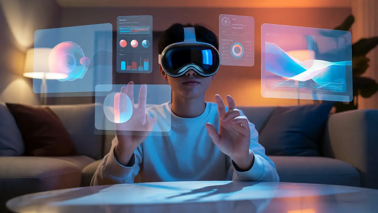 User wearing Vision Pro interacting with floating apps in living room