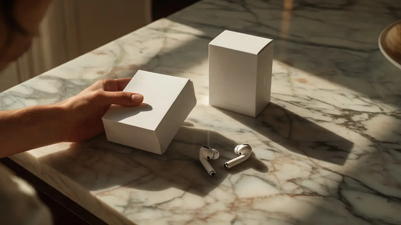 White product box and earbuds displayed on a marble surface.